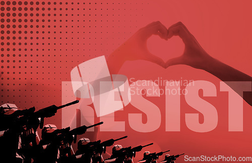 Image of Poster for love in war, heart hands in protest to resist military propaganda and graphic on red background. Peace, solidarity and hand sign for hope in revolution to stop violence, crisis or conflict