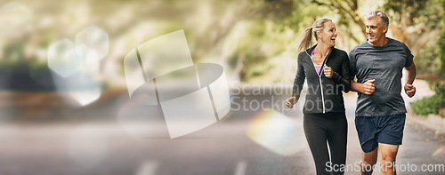 Image of Mature, couple, running and fitness with mockup space and bokeh with smile from sport on road. Exercise, training and workout of a happy athlete on a street for health and wellness together outdoor