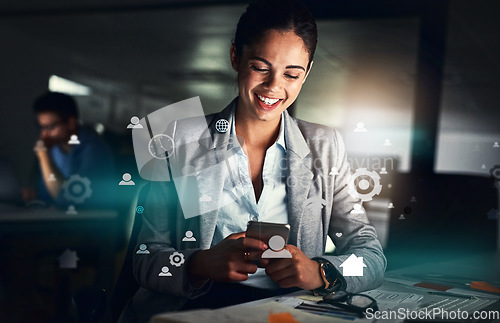 Image of Business woman, phone and icons hologram for social media, contact search and networking in night office. Professional worker typing on mobile or integration software, 3d chat and communication gears