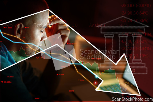 Image of Man, stress and arrow for recession, double exposure and stock market crash with fail, mistake and data. Financial crisis, debt and inflation with interest rate stats, bank overlay and sad accountant