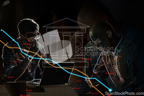 Image of Business people, stress and financial chart with double exposure, stock market crash and data analysis. Trading crisis, debt stats and inflation by interest rate graph, bank overlay or sad accountant