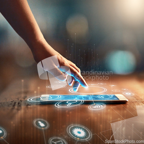 Image of Hands, screen and tablet hologram of icons with 3d application, social media network and integration software. Person press on digital technology for futuristic experience or virtual reality at night