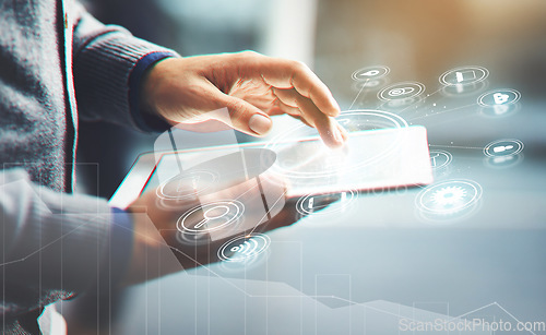 Image of Business person, hand and tablet with digital hologram, UI or dashboard HUD for interaction at office. Closeup of employee on futuristic technology, 3D app or holographic icons and data at workplace