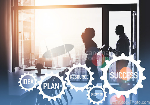 Image of Business people, gear and planning with double exposure, tablet and synergy with strategy in office. Corporate partnership, businessman and woman with silhouette, illustration and idea for success