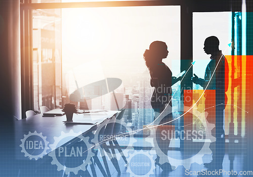 Image of Business people, gear and strategy with double exposure, tablet and synergy with planning in office. Corporate partnership, businessman and woman with silhouette, illustration and chart for success