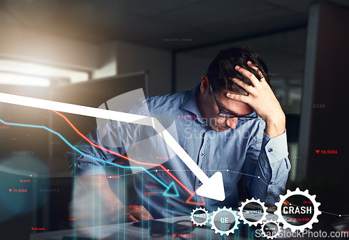 Image of Businessman, night and trading on stock market crash or financial crisis in debt with overlay at office. Frustrated man or trader working late in mistake, investment loss or bankruptcy at workplace