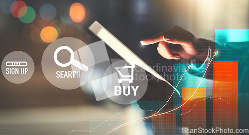 Image of Hands, tablet screen and icons for online shopping, e commerce overlay and buy, sign up or search engine at night. Person on digital technology with user experience, graphs and charts for algorithm