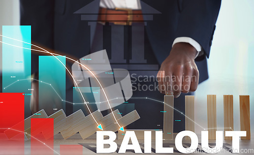 Image of Businessman, hand and finance in support, statistics or overlay graph and chart for loan or investment. Closeup of employee pointing to bailout for financial struggle, crisis or business management