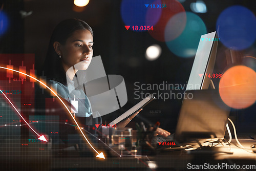 Image of Woman, night and trading on stock market at night in financial crisis, loss or debt on overlay at office. Female person or trader working late with technology in mistake, bad investment or bankruptcy