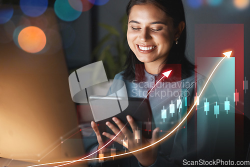 Image of Woman, smile and arrow by chart, double exposure or stock market on tablet for goal, profit and analysis. Financial success, increase and bonus on graph for stats, bank app or fintech for accountant