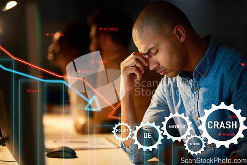 Image of Man, stress and stock market crash, financial fail or business policy mistake, bank or system error in office overlay. Frustrated broker with headache or pain for night statistics or data on computer