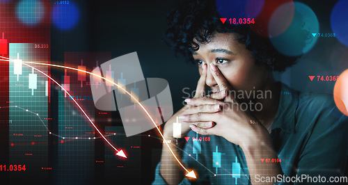 Image of Woman, stress and arrow by chart, double exposure or stock market crash for fail, mistake and analysis. Financial crisis, debt and inflation with interest rate stats, bank overlay or sad accountant