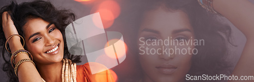 Image of Happy woman, smile and beauty in portrait, double exposure and banner with mockup space and studio background. Bokeh, hair and Indian fashion model with style and clothes, overlay and cosmetic care