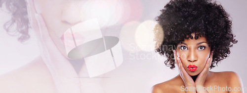 Image of Black woman, kiss and beauty in portrait, double exposure and banner mockup for makeup and red lips on studio background. Bokeh, hair care and cosmetic overlay, hands on face with pout and lipstick