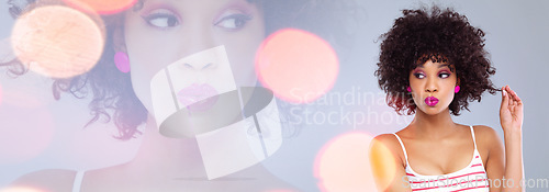 Image of Beauty, bokeh and woman in mockup for makeup, cosmetics or hair care in magazine promotion. Banner, double exposure and overlay, face of model with info space for lipstick or skincare tips in studio.