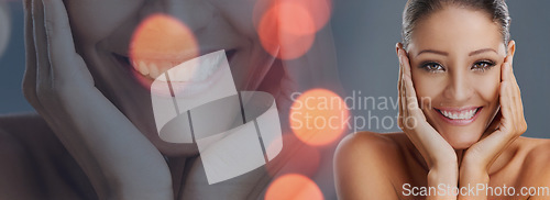 Image of Double exposure, beauty and portrait of woman with skincare, smile and glow on skin isolated in a gray background. Face, natural and happy young person relax with cosmetic calm, care or aesthetic