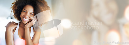 Image of Beauty, bokeh and portrait of happy woman in mock up, smile and cosmetics, skincare or dermatology promo. Banner, overlay and facial tips, face of excited model with info space for makeup in studio.