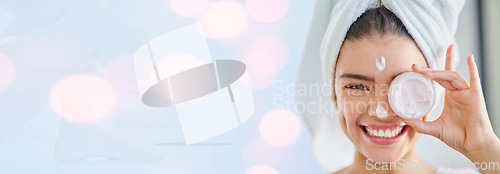 Image of Happy woman, portrait and face cream on banner for skincare or beauty on bokeh background. Female person or model smile with lotion, creme or moisturizer in for spa, product or cosmetics on mockup