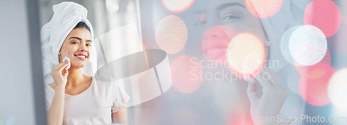 Image of Happy woman, portrait and cotton pad on banner for skincare or makeup removal on bokeh background. Female person or model smile and wiping face for spa treatment, healthy skin or cosmetics at home