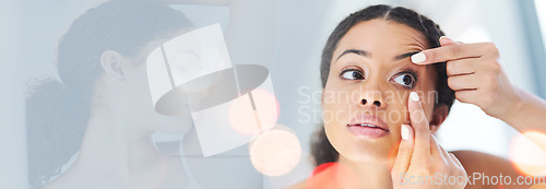 Image of Double exposure, grooming and woman check contact lenses for morning hygiene for beauty and cosmetics. Eyes, routine and young person with makeup for skincare with deodorant smell in bathroom