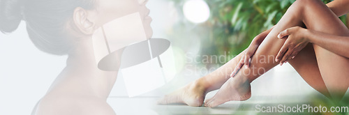 Image of Beauty, legs in nature and double exposure with a model in studio on a banner for natural skincare or wellness. Hands, mockup space and a woman touching her smooth skin after treatment at the spa