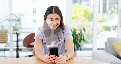 Image of Phone, smile and young woman in the living room networking on social media or mobile app. Happy, technology and female person from Canada scroll on the internet with cellphone in lounge at apartment.