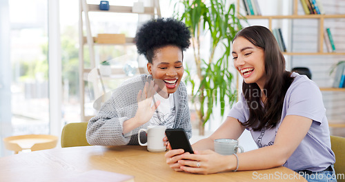 Image of Women friends, video call and phone in coffee shop, wave and excited for conversation, talk and contact. Girl, smartphone and smile together for communication, social media app and relax with tea cup