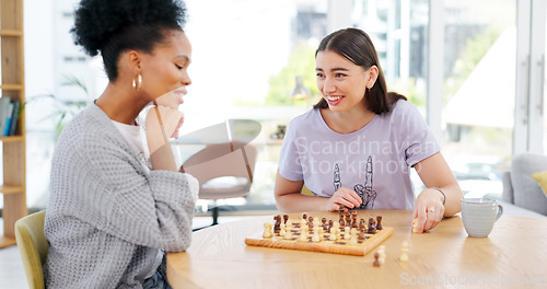 Image of Chess, board game and friends thinking about king, checkmate or strategy in home with women. People, challenge and play together on chessboard, table or happy competition in house living room