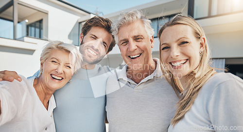 Image of Selfie of happy family outside new home, real estate and investment with future mortgage with security. Photography, portrait of men and women in backyard of property, group of people with smile.