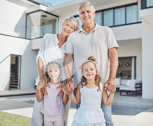 Image of Real estate, family home or portrait of happy kids with grandparents in new house, apartment or residence. Retirement, smile or grandfather with grandmother or children siblings moving in property