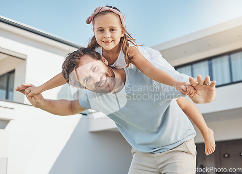 Image of Father portrait, piggyback or child in new home as a happy family on real estate with love, smile or care. Airplane, playing or kid with a proud dad on property in relocation together in dream house