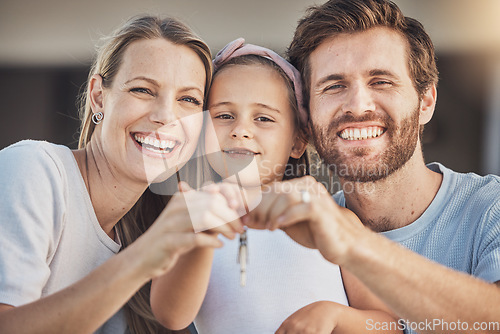 Image of Happy family, portrait and child with keys for real estate success, new home and moving together in neighborhood. Face of mother, father and girl kid with property investment, mortgage or house loan