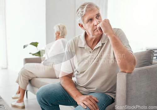 Image of Ignore, elderly couple and divorce on sofa in home living room for conflict, fight or stress for marriage crisis. Senior man, woman and depression, angry at mistake or frustrated at relationship fail