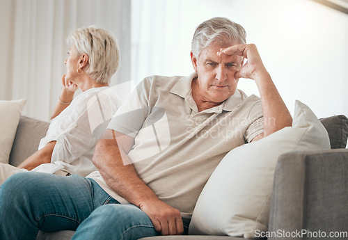 Image of Ignore, senior couple and divorce on sofa in home living room for conflict, fight or stress for marriage crisis. Elderly man, woman and depression, angry at mistake or frustrated at relationship fail