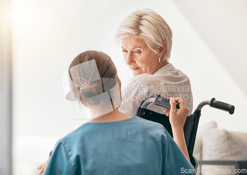 Image of Old woman in wheelchair, help or caregiver talking for healthcare support at nursing home. Back, view or happy nurse speaking to senior patient or elderly person with a disability for empathy or hope