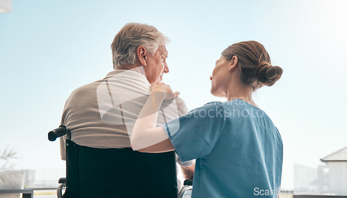 Image of Old man in wheelchair, view or caregiver talking for healthcare support at nursing home. Back, window or nurse speaking to senior patient or elderly person with a disability for care, empathy or hope