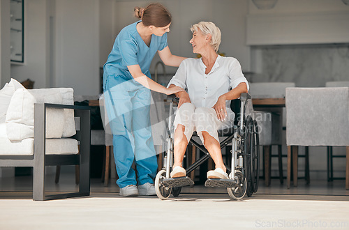 Image of Old woman in wheelchair, trust or caregiver talking for healthcare support at nursing home. People, help or nurse speaking to senior patient or elderly person with a disability for empathy or hope