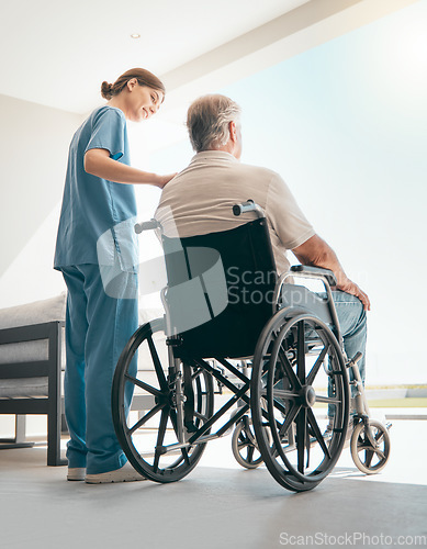 Image of Old man in wheelchair, window or caregiver talking for healthcare support at nursing home. Back, view or nurse speaking to senior patient or elderly person with a disability for care, empathy or hope