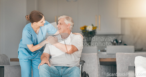 Image of Woman, doctor and wheelchair in elderly care for support, trust or nursing in retirement or old age home. Female nurse or caregiver talking to senior man or person with a disability in living room