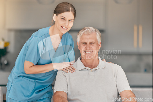 Image of Happy woman, doctor and portrait with senior in elderly care, nursing or support at retirement home. Female person, nurse or caregiver smile with mature man for career, trust or healthcare at house