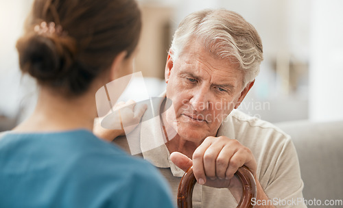 Image of Sad news, senior man or nurse with results, medical test exam or cancer diagnosis in nursing home. Depression, retirement or mature patient consulting therapist for healthcare advice, empathy or help