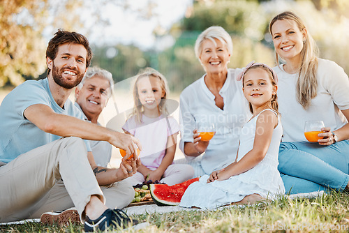 Image of Park picnic, portrait and happy family children, parents and grandparents eating fruits, drink orange juice and enjoy outdoor nature. Love, grandpa and relax senior grandma, dad or mom bond with kids
