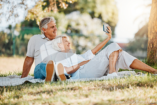 Image of Picnic, selfie and senior couple with love, relax and connection with social media, retirement and marriage. Romance, outdoor and old woman with elderly man, digital app and relationship with bonding