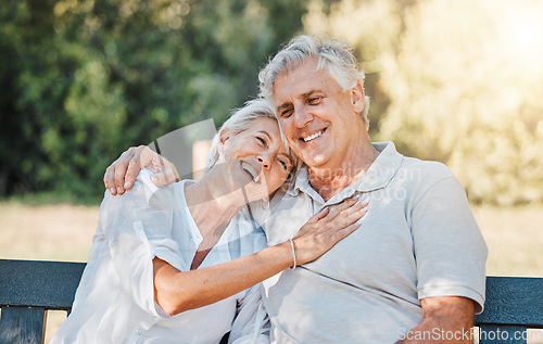 Image of Senior happy couple, laughing or park bench in nature garden for love, support or bonding retirement trust. Smile, relax or elderly man hugging woman in backyard with joke, funny news or relationship