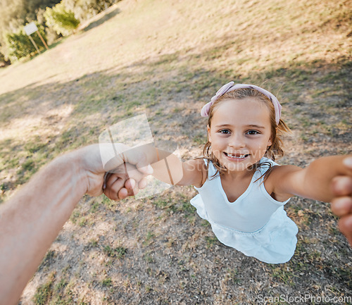 Image of Happy, pov and hands swing child outdoor in garden, park or game in nature with parent. Girl, face and dad or mom swinging kid for crazy, fun or bonding in summer, vacation or backyard games