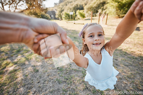 Image of Happy, pov and hands swing child outdoor in garden, park or game in nature with parent. Girl, face and dad or mom swinging kid for crazy, fun or bonding in summer, vacation or backyard games