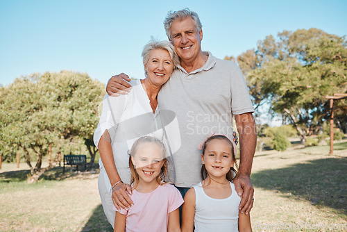 Image of Nature, portrait and happy family, children and grandparents enjoy time together, outdoor wellness or park grass field. Smile, love and relax grandma, grandpa or people bonding with kids in Australia
