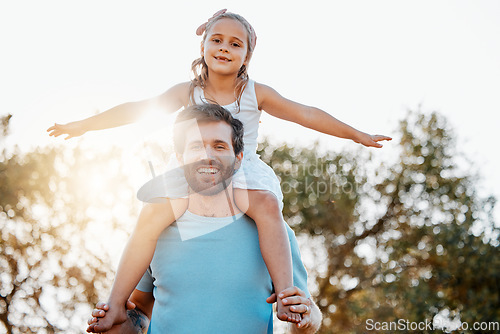 Image of Airplane, playing and portrait of dad with child in a park at sunrise with love, care and happiness together in nature. Bonding, smile and father with energy for kid happy for outdoor fantasy game