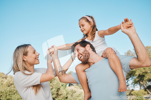 Image of Nature, shoulder carry and happy family kid, mother and father enjoy time together, natural park or fun plane game. Freedom, support and walking mom, child and papa bonding, playing or piggyback girl
