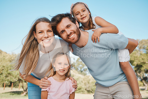 Image of Nature portrait, smile and family children, mother and father enjoy time together, green park or relax wellness. Freedom, summer sunshine or outdoor happy mama, papa and kids bond, care and piggyback